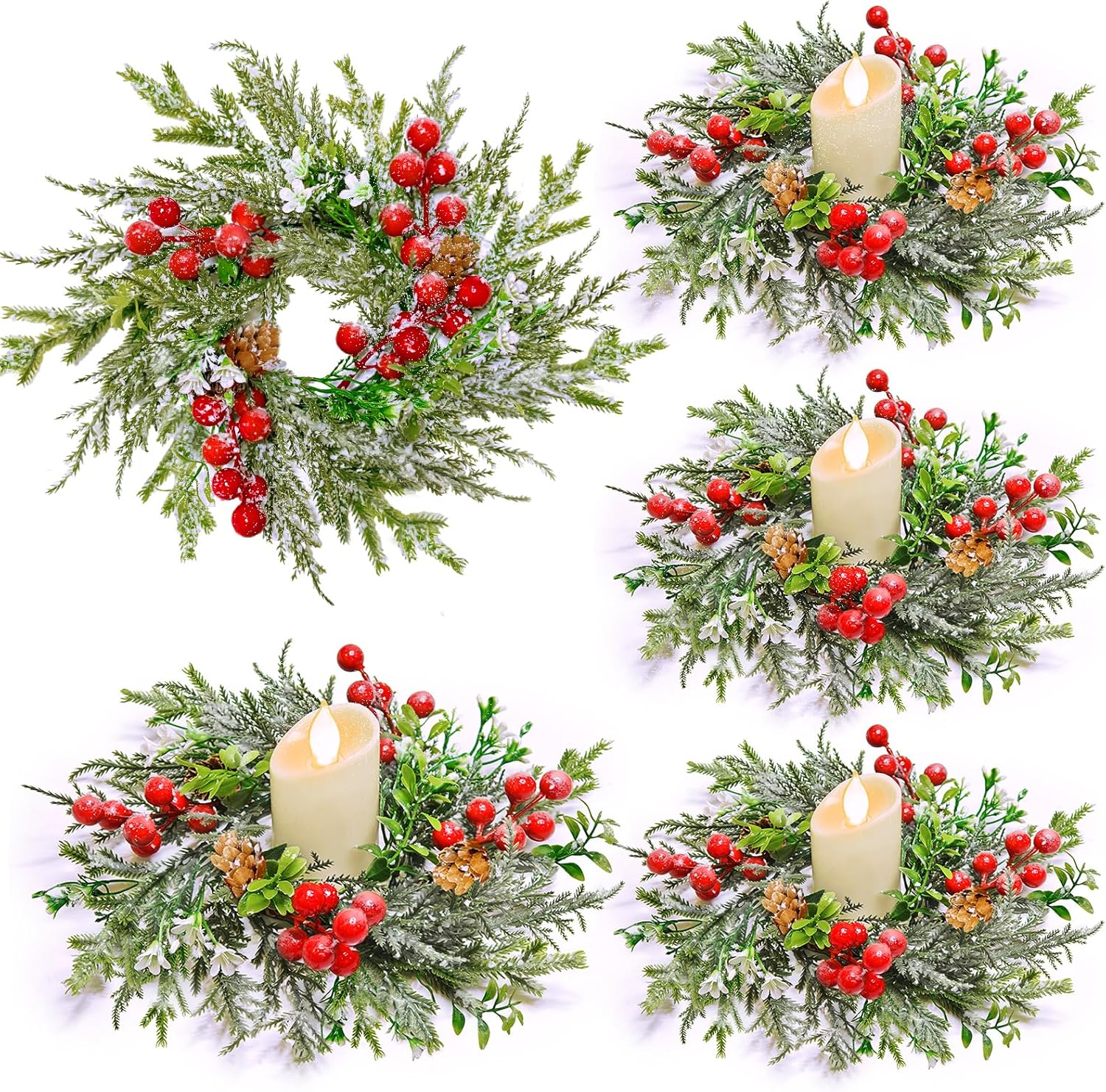 [Snowy] 4 Pcs Christmas Candle Rings Wreaths, Mini Wreaths - 9x3.5 Real Touch Cedar Wreath with Cypress Snowy Pinecones & Red Berry Christmas Candle Ring Holder for Home Table Centerpiece Decor